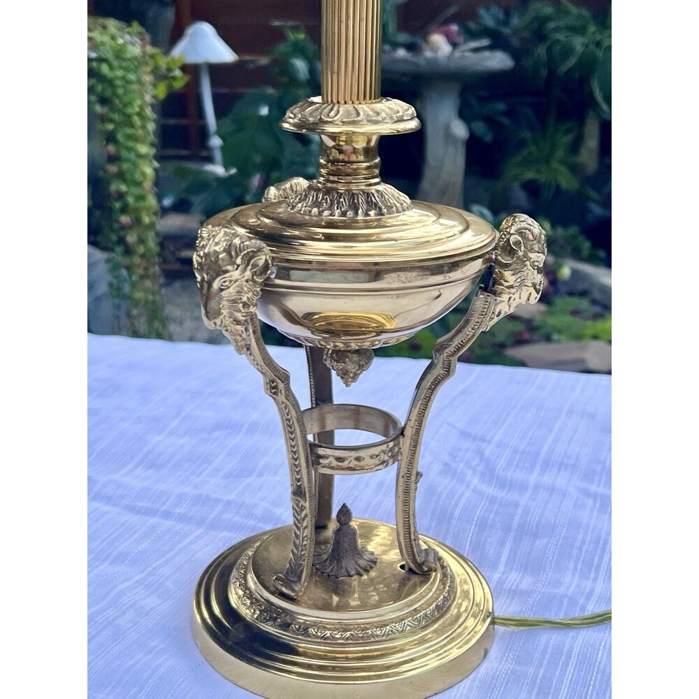 Vintage Hollywood Solid Brass Tri-Ram Urn Table Lamp  20in Neoclassical 2 Bulb